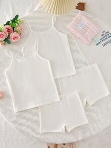 2 Sets Girls Basic Sweet Minimalist Multi-Color Lace Trim Camisole & Lace Trim Panty Lingerie Set, Innerwear - White - View 2