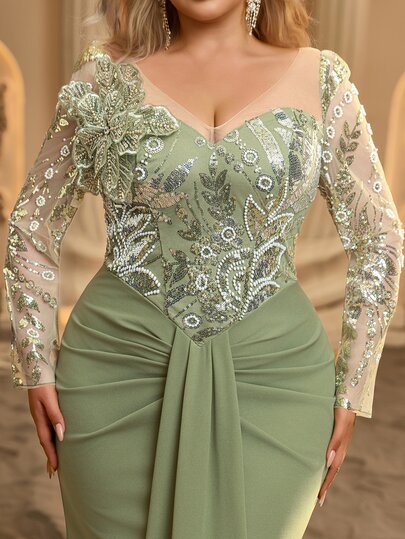 Glamrae Plus Size Mint Green Luxury Beaded Patchwork Elastic Fabric 3D Floral Decor Heavy Work Evening Gown Suitable For Wedding, Ball, Cocktail Party, Banquet And Other Occasions