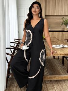 Weeklong Plus Size Women's Spring/Summer Solid Color Floral Placement Print Casual Vacation Jumpsuit Elegant - Multicolor - View 5