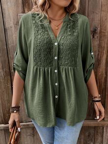 Weeklong Plus Size Army Green V-Neck Split Chest Patchwork Water-Soluble Lace Cuff Snap Design 3/4 Sleeve V-Neck Open Front Contrast Button Casual Outdoor Vacation Versatile Commute Shirt - Army Green - View 5