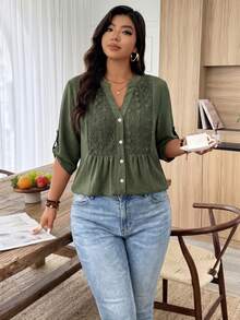 Weeklong Plus Size Army Green V-Neck Split Chest Patchwork Water-Soluble Lace Cuff Snap Design 3/4 Sleeve V-Neck Open Front Contrast Button Casual Outdoor Vacation Versatile Commute Shirt - Army Green - View 8