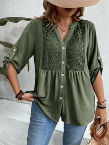Weeklong Plus Size Army Green V-Neck Split Chest Patchwork Water-Soluble Lace Cuff Snap Design 3/4 Sleeve V-Neck Open Front Contrast Button Casual Outdoor Vacation Versatile Commute Shirt - Army Green - View 6