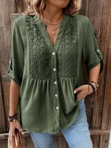 Weeklong Plus Size Army Green V-Neck Split Chest Patchwork Water-Soluble Lace Cuff Snap Design 3/4 Sleeve V-Neck Open Front Contrast Button Casual Outdoor Vacation Versatile Commute Shirt - Army Green - View 1