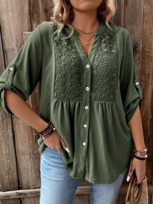 Weeklong Plus Size Army Green V-Neck Split Chest Patchwork Water-Soluble Lace Cuff Snap Design 3/4 Sleeve V-Neck Open Front Contrast Button Casual Outdoor Vacation Versatile Commute Shirt - Army Green - View 4