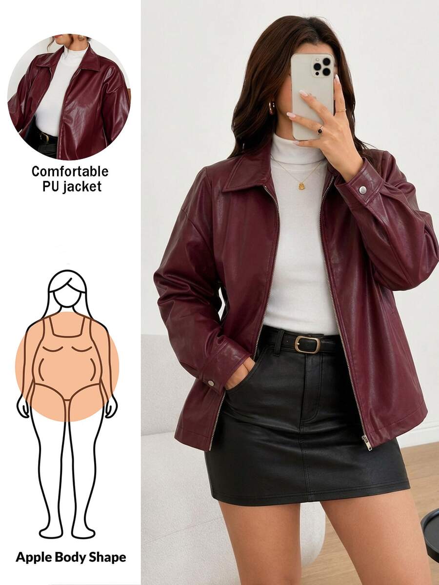 Shapeblank Plus Size Solid Color Zip-Up Casual Versatile Long Sleeve Jacket Autumn Winter Red Fall/Winter - Burgundy - View 1