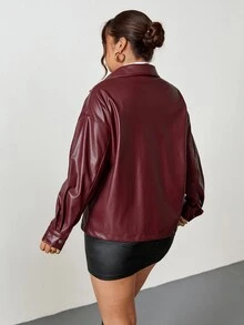 Shapeblank Plus Size Solid Color Zip-Up Casual Versatile Long Sleeve Jacket Autumn Winter Red Fall/Winter - Burgundy - View 4