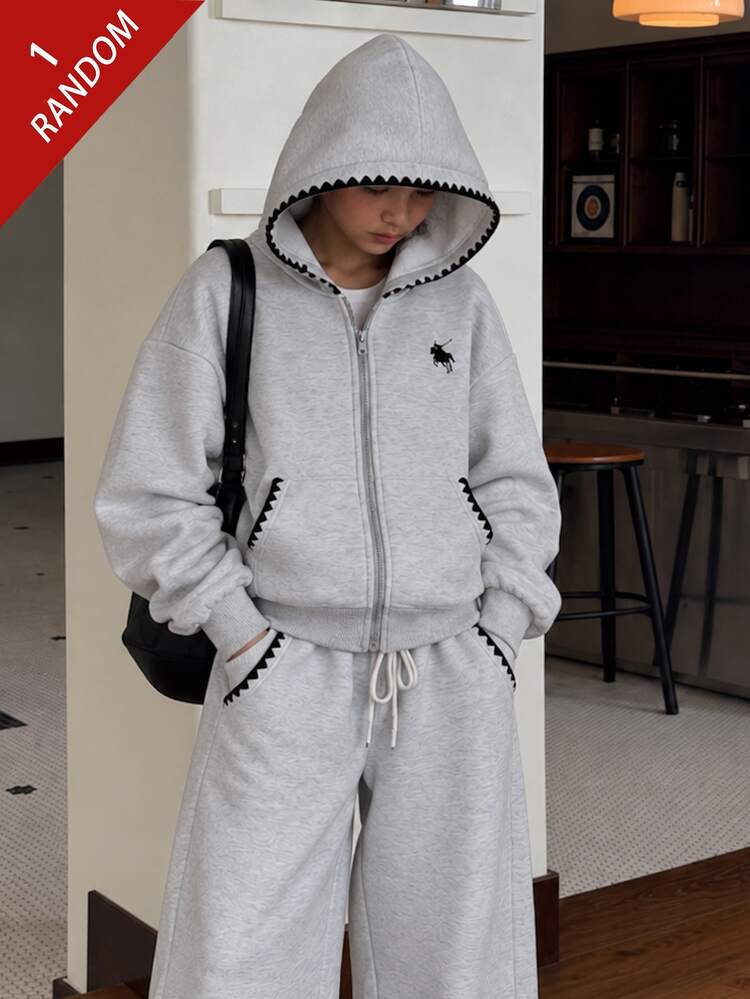 SHEIN Autumn/Winter Girls' Hooded Zip-Up Jacket - Street Style Mix, Sweatshirt, Long Sleeve, Fleece, Fall Clothes, Cold-Resistant Knit Fabric, Streetwear - Grey - View 5