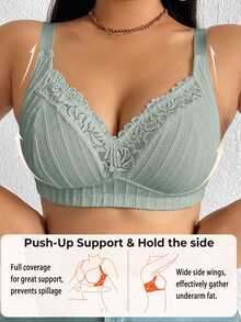 SHEIN Plus Size Lace Patchwork Wire-Free Bra, 1pc Bridal Neon Green Autumn Sexy - Army Green - View 4