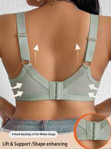 SHEIN Plus Size Lace Patchwork Wire-Free Bra, 1pc Bridal Neon Green Autumn Sexy - Army Green - View 2