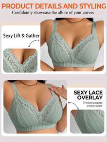 SHEIN Plus Size Lace Patchwork Wire-Free Bra, 1pc Bridal Neon Green Autumn Sexy - Army Green - View 3