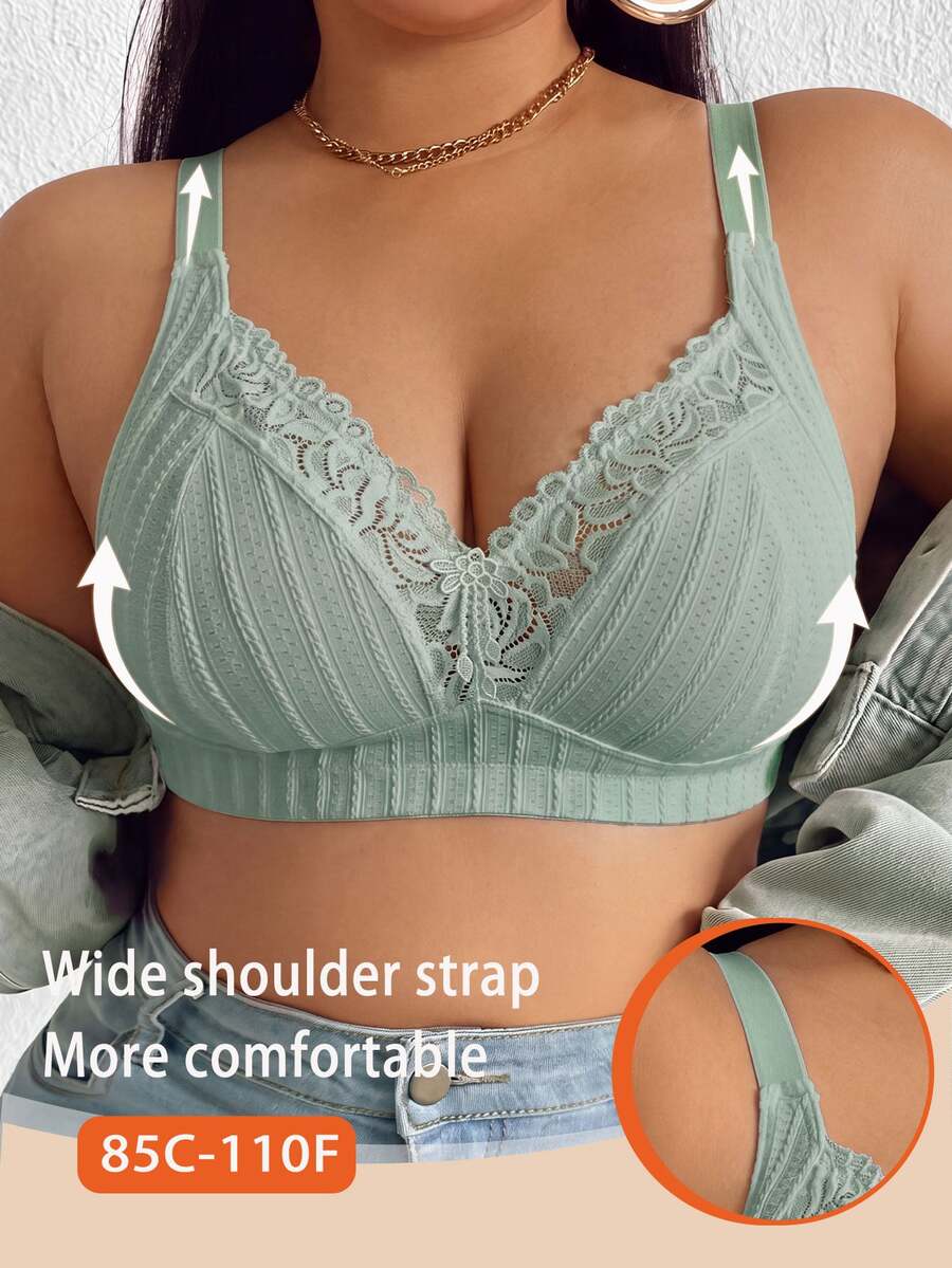 SHEIN Plus Size Lace Patchwork Wire-Free Bra, 1pc Bridal Neon Green Autumn Sexy - Army Green - View 1