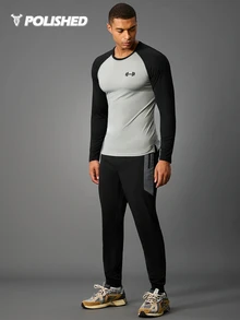 Acti Log Boyfriend Style Men Color Block Raglan Sleeve Sports Tee Workout Tops Long Sleeve Shirt Workout Tops Gym Top Fall Fall Breathable Fitted Shirt Fall Crew Neck - Grey - View 7