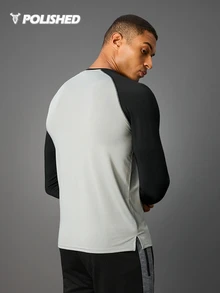 Acti Log Boyfriend Style Men Color Block Raglan Sleeve Sports Tee Workout Tops Long Sleeve Shirt Workout Tops Gym Top Fall Fall Breathable Fitted Shirt Fall Crew Neck - Grey - View 2