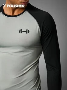 Acti Log Boyfriend Style Men Color Block Raglan Sleeve Sports Tee Workout Tops Long Sleeve Shirt Workout Tops Gym Top Fall Fall Breathable Fitted Shirt Fall Crew Neck - Grey - View 5
