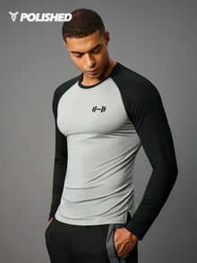 Acti Log Boyfriend Style Men Color Block Raglan Sleeve Sports Tee Workout Tops Long Sleeve Shirt Workout Tops Gym Top Fall Fall Breathable Fitted Shirt Fall Crew Neck - Grey - View 8