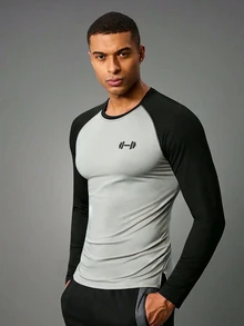 Acti Log Boyfriend Style Men Color Block Raglan Sleeve Sports Tee Workout Tops Long Sleeve Shirt Workout Tops Gym Top Fall Fall Breathable Fitted Shirt Fall Crew Neck - Grey - View 1
