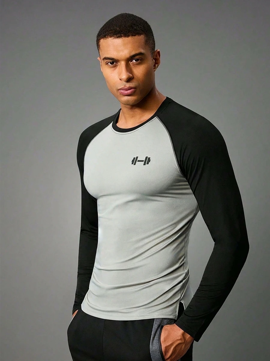 Acti Log Boyfriend Style Men Color Block Raglan Sleeve Sports Tee Workout Tops Long Sleeve Shirt Workout Tops Gym Top Fall Fall Breathable Fitted Shirt Fall Crew Neck - Grey - View 1