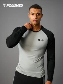Acti Log Boyfriend Style Men Color Block Raglan Sleeve Sports Tee Workout Tops Long Sleeve Shirt Workout Tops Gym Top Fall Fall Breathable Fitted Shirt Fall Crew Neck - Grey - View 9