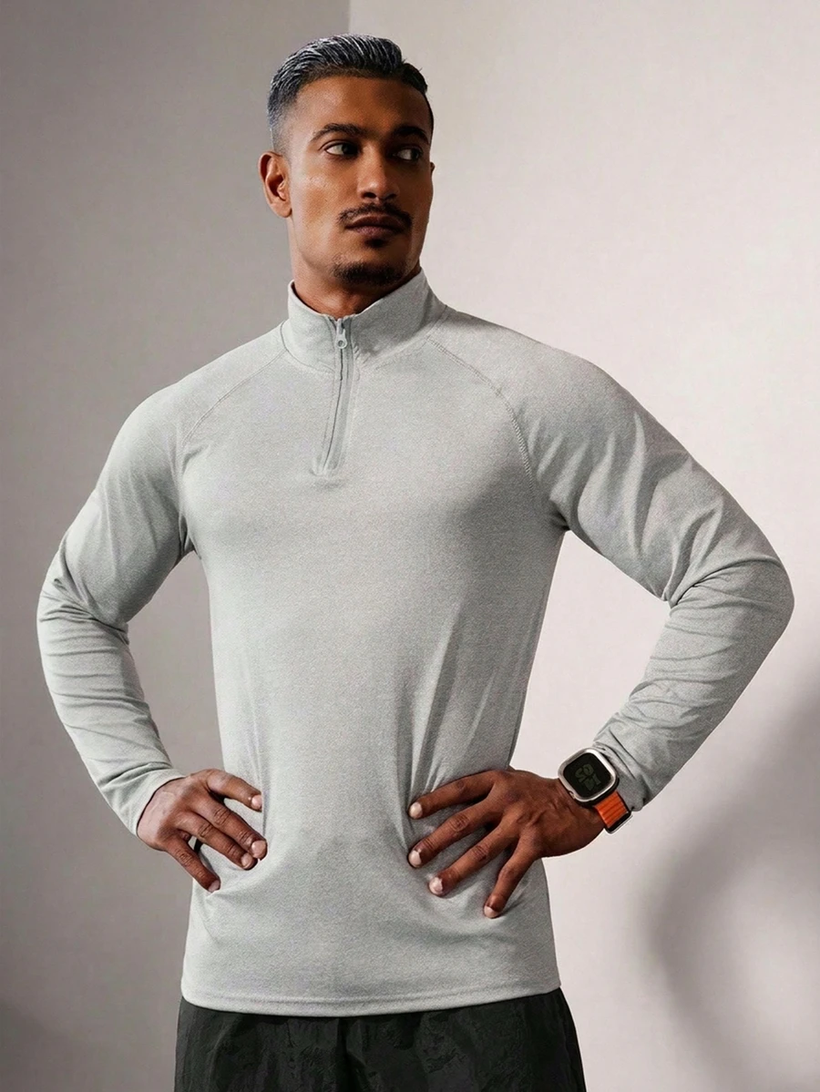 Acti Log Men's Solid Color Long Sleeve Casual Sports T-Shirt, Simple & Fashionable For Daily Wear 4-Way Stretch Material Sweat-Wicking Lightweight Minimalist Design Quarter Zip Slim Fit For Workout Performance-T - Grey - View 1