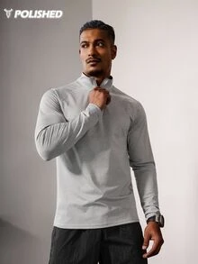 Acti Log Men's Solid Color Long Sleeve Casual Sports T-Shirt, Simple & Fashionable For Daily Wear 4-Way Stretch Material Sweat-Wicking Lightweight Minimalist Design Quarter Zip Slim Fit For Workout Performance-T - Grey - View 5