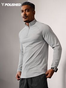 Acti Log Men's Solid Color Long Sleeve Casual Sports T-Shirt, Simple & Fashionable For Daily Wear 4-Way Stretch Material Sweat-Wicking Lightweight Minimalist Design Quarter Zip Slim Fit For Workout Performance-T - Grey - View 3