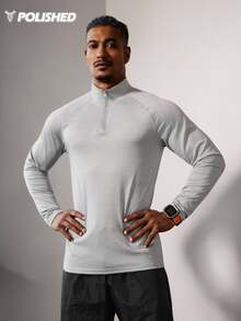 Acti Log Men's Solid Color Long Sleeve Casual Sports T-Shirt, Simple & Fashionable For Daily Wear 4-Way Stretch Material Sweat-Wicking Lightweight Minimalist Design Quarter Zip Slim Fit For Workout Performance-T - Grey - View 10