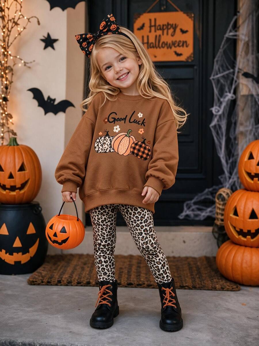 Pumpkin Apricot Orange, Cute Pastoral Colorful Pumpkin Floral Illustration Print, Young Girl Casual Minimalist Loose Crew Neck Sweatshirt And Casual Pants Set Suitable For Autumn/Winter Daily, Farm, Halloween, Thanksgiving, Cozy Vibes, Fall Vibes - Multicolor - View 1