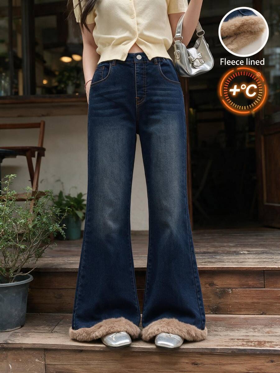 SHEIN Tween女孩牛仔褲,復古寬鬆休閒街頭風水洗色,破洞磨損下擺,喇叭褲腿,深藍色,適合海灘度假、學校、冬季 - 深色水洗藍 - 查看 1
