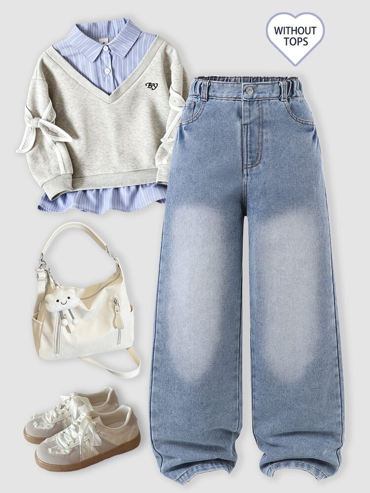 Girls' Denim Wide Leg Pants, Vintage Washed Light Blue, Loose Fit, Distressed Knees, All Seasons, Casual, Streetwear, School Birthday Summer - Light Wash - View 3