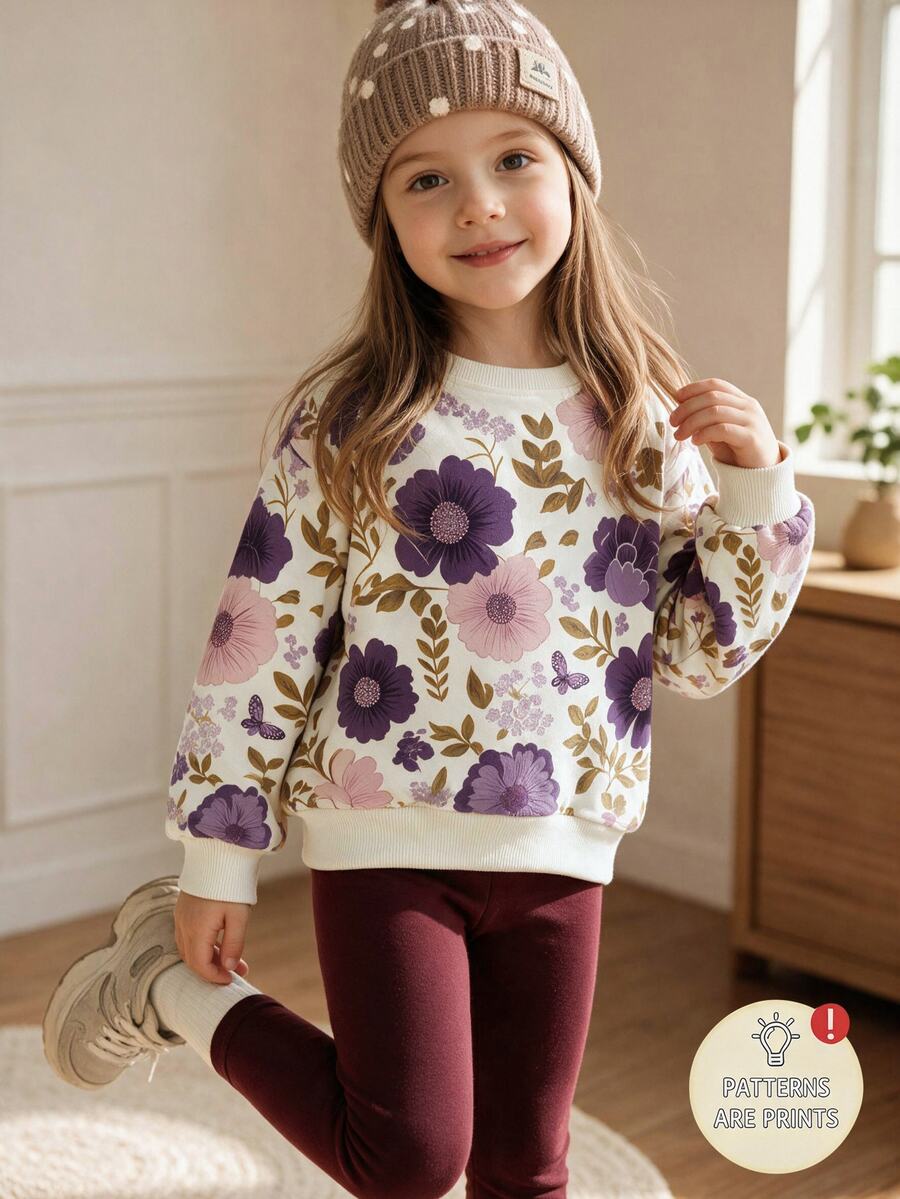 Young Girl Floral Print Young Girl Autumn Winter Sweatshirt And Leggings Set - Multicolor - View 1