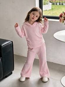 Young Girls Striped Hoodie & Sweatshirt Co-Ords, Autumn, Fall Style, School, Hoodie Collared Striped Long Sleeve Set Pink - Pink - View 1
