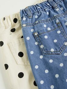 SHEIN Explorewe 女童奶油白波點 + 水洗藍波點 2件套長褲，高腰直筒寬腿版型，日系復古牛仔女郎西部風 - 彩色 - 查看 6