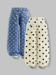 SHEIN Explorewe 女童奶油白波點 + 水洗藍波點 2件套長褲，高腰直筒寬腿版型，日系復古牛仔女郎西部風 - 彩色 - 查看 2