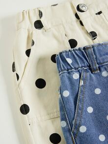SHEIN Explorewe 女童奶油白波點 + 水洗藍波點 2件套長褲，高腰直筒寬腿版型，日系復古牛仔女郎西部風 - 彩色 - 查看 5
