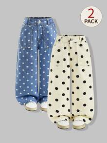 SHEIN Explorewe 女童奶油白波點 + 水洗藍波點 2件套長褲，高腰直筒寬腿版型，日系復古牛仔女郎西部風 - 彩色 - 查看 4