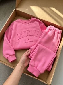 Young Girl Girls Co Ord Set 3D Embossed Print Pink Casual Sweatshirt And Pants Kids Girls Winter Clothes - Hot Pink - View 2