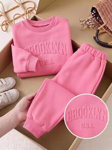 Young Girl Girls Co Ord Set 3D Embossed Print Pink Casual Sweatshirt And Pants Kids Girls Winter Clothes - Hot Pink - View 3