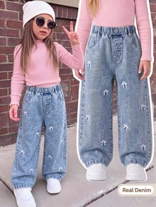 Young Girl Bow Front Straight Leg Jeans Autumn Winter - Medium Wash - View 3