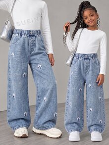 Young Girl Bow Front Straight Leg Jeans Autumn Winter - Medium Wash - View 9
