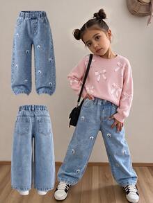 Young Girl Bow Front Straight Leg Jeans Autumn Winter - Medium Wash - View 1