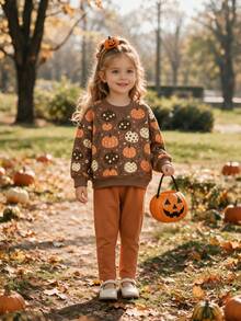 Pumpkin Apricot Orange, Cute Pastoral Colorful Pumpkin Floral Illustration Print, Young Girl Casual Minimalist Loose Crew Neck Sweatshirt And Casual Pants Set, Suitable For Autumn/Winter Daily, Farm, Halloween, Thanksgiving, Cozy Vibes, Fall Vibes - Multicolor - View 9