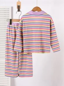 SHEIN 女童春秋翻領條紋長袖套裝，淺紫色、黃色、粉色、淺綠色，紫色花朵裝飾，長褲，幼兒生日 - 紫色 - 查看 2