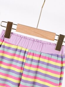 SHEIN 女童春秋翻領條紋長袖套裝，淺紫色、黃色、粉色、淺綠色，紫色花朵裝飾，長褲，幼兒生日 - 紫色 - 查看 8
