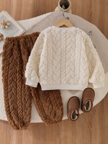 SHEIN Elladie kids YOUNG GIRL Autumn/Winter Apricot Jacquard Fuzzy Pullover Set, Cute 3D Floral Design, Elastic Cuffs And Hem, Essential For Daily Wear And Outings - Brown - View 2