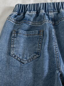 SHEIN Tween Girls' Elastic Waist Denim Pants Light Blue Washed Contrast Stitching Cargo Patch Pocket Wide Leg Jeans Streetwear School Casual Sports - Medium Wash - View 7