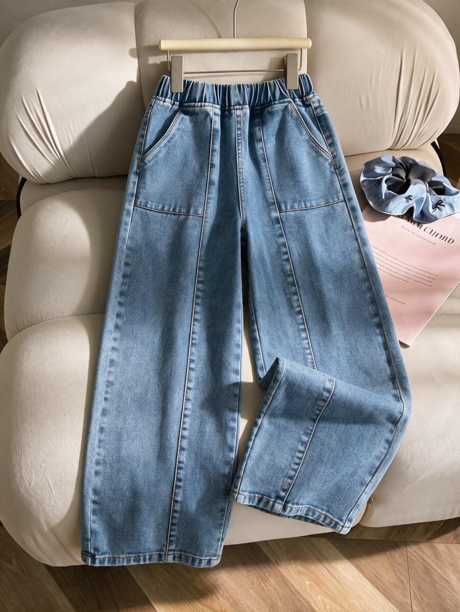 SHEIN Tween Girls' Elastic Waist Denim Pants Light Blue Washed Contrast Stitching Cargo Patch Pocket Wide Leg Jeans Streetwear School Casual Sports - Medium Wash - View 1
