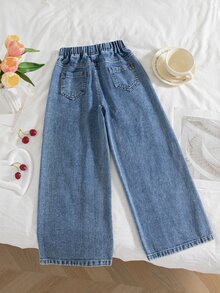 SHEIN Tween Girls' Elastic Waist Denim Pants Light Blue Washed Contrast Stitching Cargo Patch Pocket Wide Leg Jeans Streetwear School Casual Sports - Medium Wash - View 2