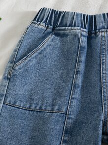 SHEIN Tween Girls' Elastic Waist Denim Pants Light Blue Washed Contrast Stitching Cargo Patch Pocket Wide Leg Jeans Streetwear School Casual Sports - Medium Wash - View 6