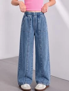 SHEIN Tween Girls' Elastic Waist Denim Pants Light Blue Washed Contrast Stitching Cargo Patch Pocket Wide Leg Jeans Streetwear School Casual Sports - Medium Wash - View 3