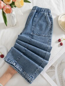 SHEIN Tween Girls' Elastic Waist Denim Pants Light Blue Washed Contrast Stitching Cargo Patch Pocket Wide Leg Jeans Streetwear School Casual Sports - Medium Wash - View 5